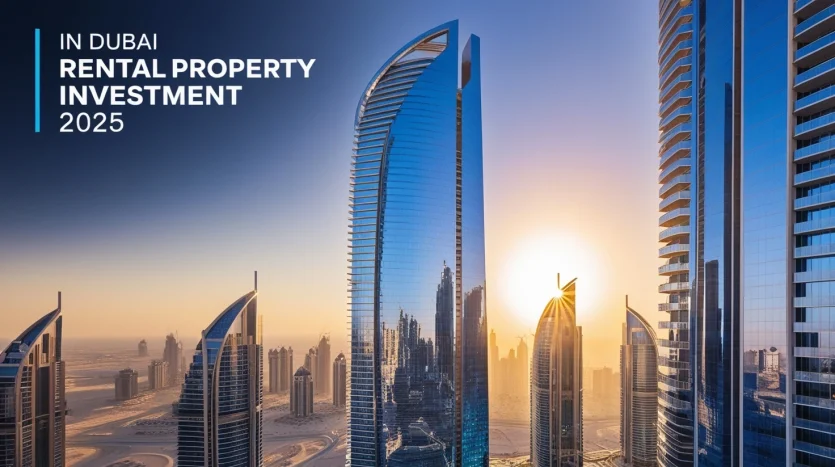 A futuristic cityscape of Dubai at sunrise, where sleek skyscrapers with glass facades glisten. The text “Dubai Rental Property Investment 2025” elegantly graces the upper left corner, capturing the essence of visionary urban growth and opportunity.