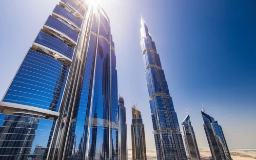 A group of modern skyscrapers with reflective glass exteriors under a clear blue sky showcases Dubai's real estate allure. The tallest building stands prominently centered, soaring high. Sunlight bathes the structures, creating a vibrant urban scene perfect for investment strategies.