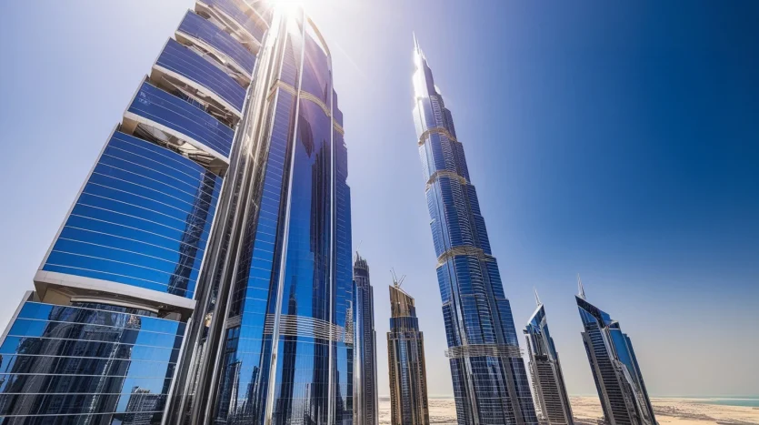 A group of modern skyscrapers with reflective glass exteriors under a clear blue sky showcases Dubai's real estate allure. The tallest building stands prominently centered, soaring high. Sunlight bathes the structures, creating a vibrant urban scene perfect for investment strategies.