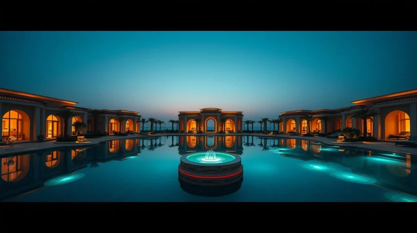 Luxurious villa complex with a central pool reflecting the twilight sky. The pool is lit, highlighting a round fountain. Arched architecture and palm trees line the perimeter, creating a serene and elegant atmosphere.