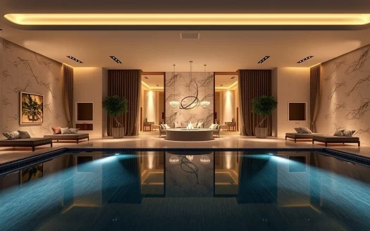 Luxurious indoor pool area with modern decor. The centerpiece is a circular seating arrangement surrounded by marbled walls and tall plants. Warm lighting highlights the elegant space, and lounge chairs line the room under softly illuminated ceilings.