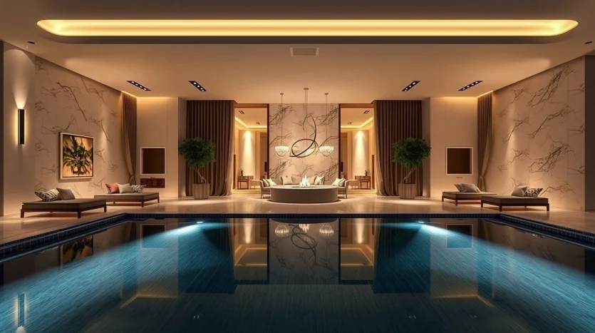 Luxurious indoor pool area with modern decor. The centerpiece is a circular seating arrangement surrounded by marbled walls and tall plants. Warm lighting highlights the elegant space, and lounge chairs line the room under softly illuminated ceilings.