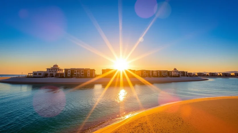 A vibrant sunset over a tranquil lagoon, with the suns rays creating a starburst effect in the sky. The water reflects the golden hues, and modern buildings line the horizon, bordered by a sandy beach in the foreground.