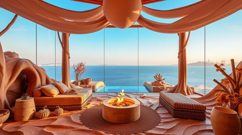 Luxurious room with floor-to-ceiling windows overlooking the ocean. Features a central fire pit, cushioned seating, and rustic decor. Flowing drapes and earthy tones create a warm, inviting atmosphere with a stunning sea view.