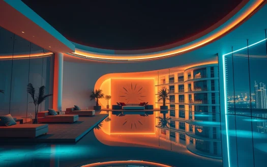 Futuristic indoor pool area with vibrant neon lighting in orange and blue. The space features modern sofas, large glass windows, palm plants, and a view of the city skyline at night. Reflections are visible on the glossy floor and water surface.