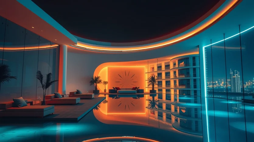 Futuristic indoor pool area with vibrant neon lighting in orange and blue. The space features modern sofas, large glass windows, palm plants, and a view of the city skyline at night. Reflections are visible on the glossy floor and water surface.