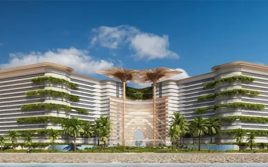 ALIYAS Real Estate presents a modern architectural marvel with a wavy design, featuring lush green terraces and a large, decorative rooftop structure. Palm trees grace the foreground against a backdrop of clear blue skies.